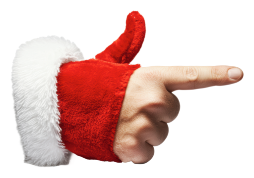 Santa Claus hand gesture with fur glove pointing, cut out - stock png.