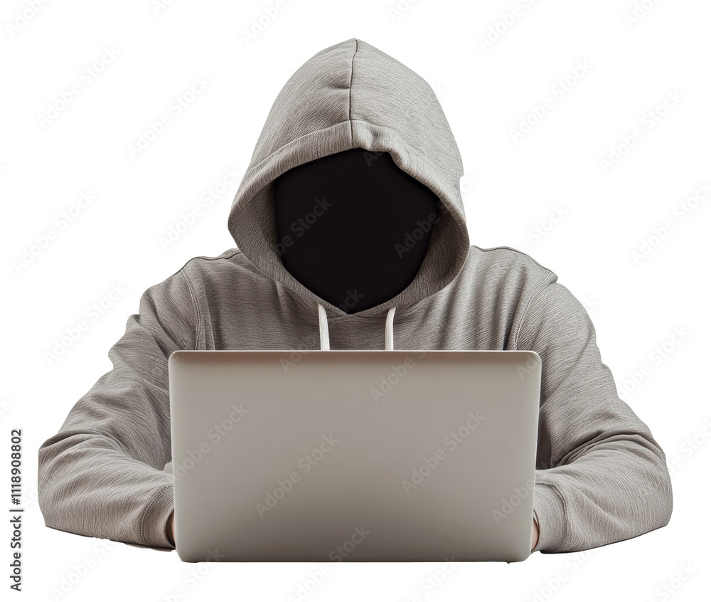 Poster hacker in grey hoodie using laptop against transparent background, cybersecurity concept