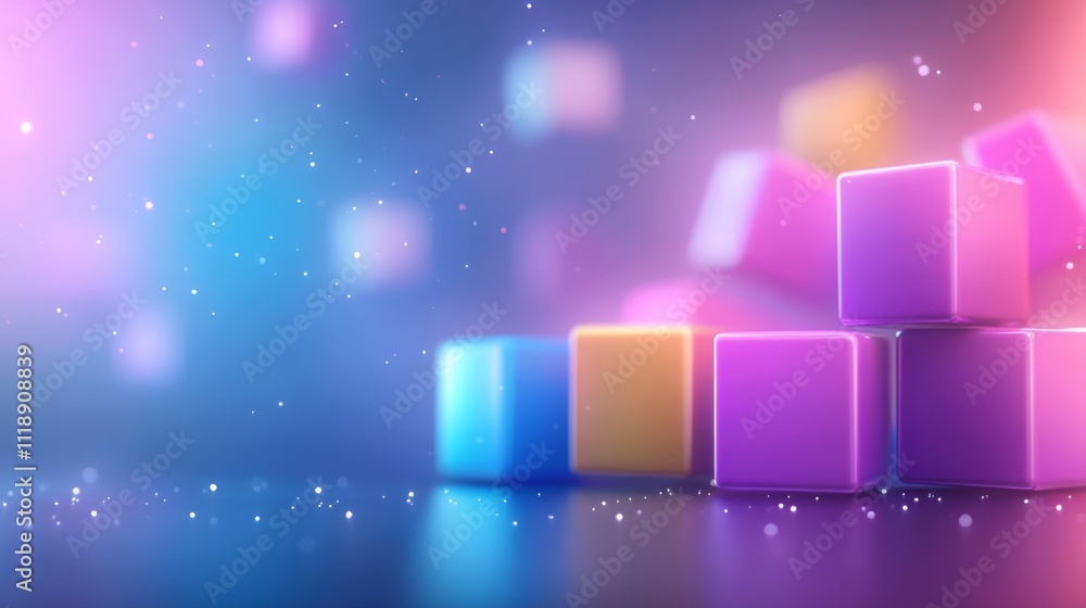 Poster glowing 3d colored square boxes with soft background and sparkles