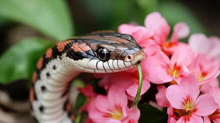 Fototapeta premium Gentle and Sweet Snake Surrounded by Beautiful Flowers