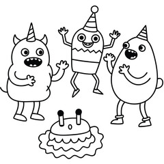 Three cartoon monsters wearing party hats celebrate with a birthday cake, jumping and smiling