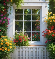 Fototapeta premium A beautiful white window perched atop a wooden fence overlooking a vibrant green garden filled with colorful flowers and lush foliage, natural stone, leafy greens