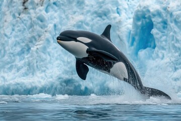 Fototapeta premium An orca breaches the surface near icy blue glaciers.
