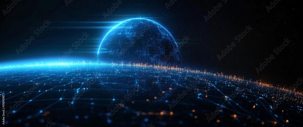 Aufkleber global communication network technology with earth glowing cyberspace and blockchain concept
