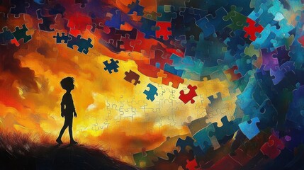 Fototapeta premium Child Silhouette on Hill with Colorful Floating Puzzle Pieces in Surreal Landscape for Autism Awareness