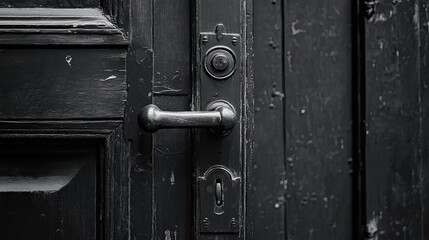 Close-up of an antique, dark wooden door with a metallic handle and lock.