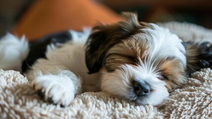 A sleeping puppy resting peacefully on a cozy blanket.