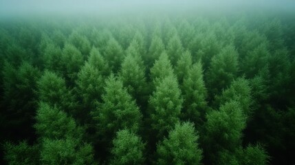 Fototapeta premium Aerial view of misty evergreen forest.