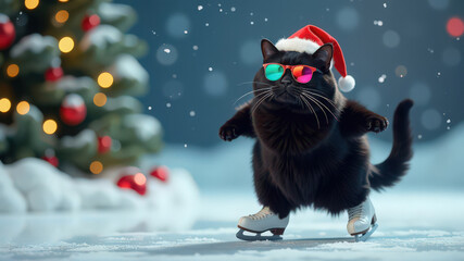 Black cat wearing a Santa hat and colorful sunglasses while ice skating on snow. Winter holiday and Christmas celebration concept with copy space for festive designs