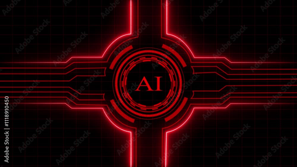 Poster animation of ai data processing over black red color grid animation background illustration artifici