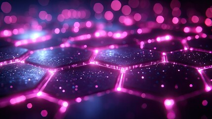A purple and blue background with glowing hexagons and stripes creates a futuristic and dynamic design