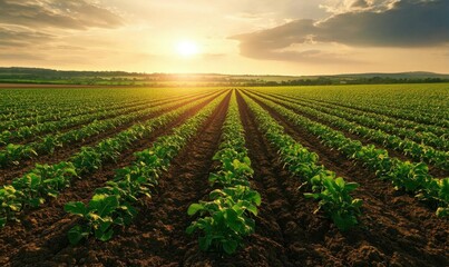 Lush green crop field under a sunset sky, showcasing agricultural growth.