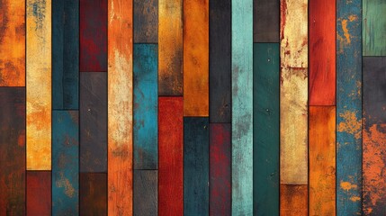 A contemporary abstract pattern with colorful wood paneling in various shades and vibrancy