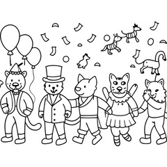 Naklejka premium A fox, cat, dog, lion, and tiger dressed in formal attire parade through a celebratory space filled with confetti and balloons
