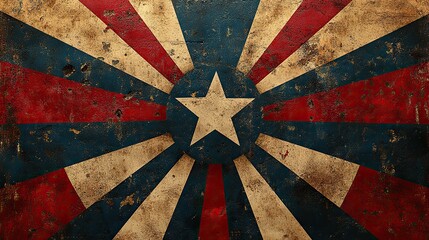 A red, white, and blue circus background features a vintage-inspired geometric pattern with radiating rays