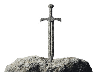 Medieval sword embedded in a rocky base, cut out - stock png.