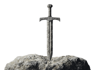 Medieval sword embedded in a rocky base, cut out - stock png.