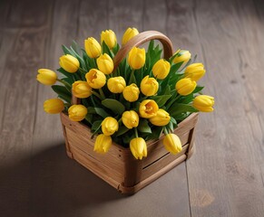 A bunch of bright yellow tulips arranged in a wooden basket with greenery , spring flowers, rustic flowers, wooden basket