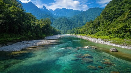 A crystal-clear river winding through a lush valley.