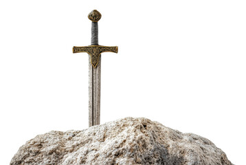 Vintage sword embedded on a rocky base in nature, cut out - stock png.