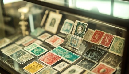 A display of various vintage stamps in a glass showcase.