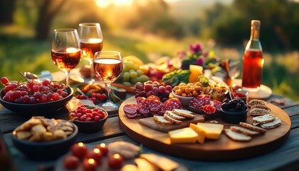 Fototapeta premium Summer Picnic with Wine and Fresh Tomatoes Outdoors