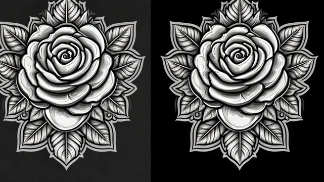 Detailed black and white rose tattoo design showcasing intricate line work and floral elements on dark background