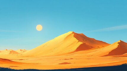 A desert landscape with towering sand dunes under a scorching sun