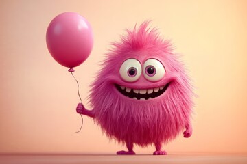 Fototapeta premium Adorable Pink Monster with Balloon for Kids Birthday and Valentine's Day