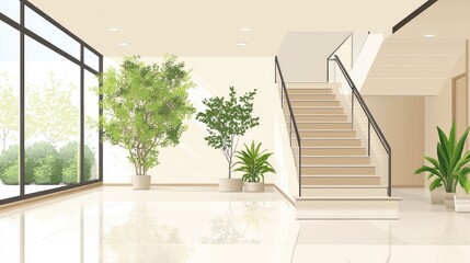 Modern Home Interior: Serene Staircase, Plants, and Sunlight Through Large Windows