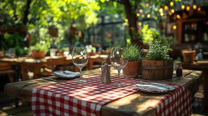A rustic red and white checked cloth adorns a weathered wooden table in an outdoor restaurant