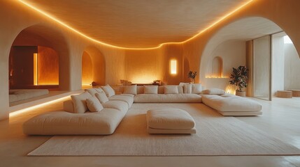 Fototapeta premium Serene Minimalist Living Room Design: Warm Lighting, Organic Architecture, and Luxurious Comfort