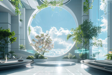 Futuristic modern office featuring plants growing under the sunlight with cloud and blue sky view from window. Surreal architecture building. 