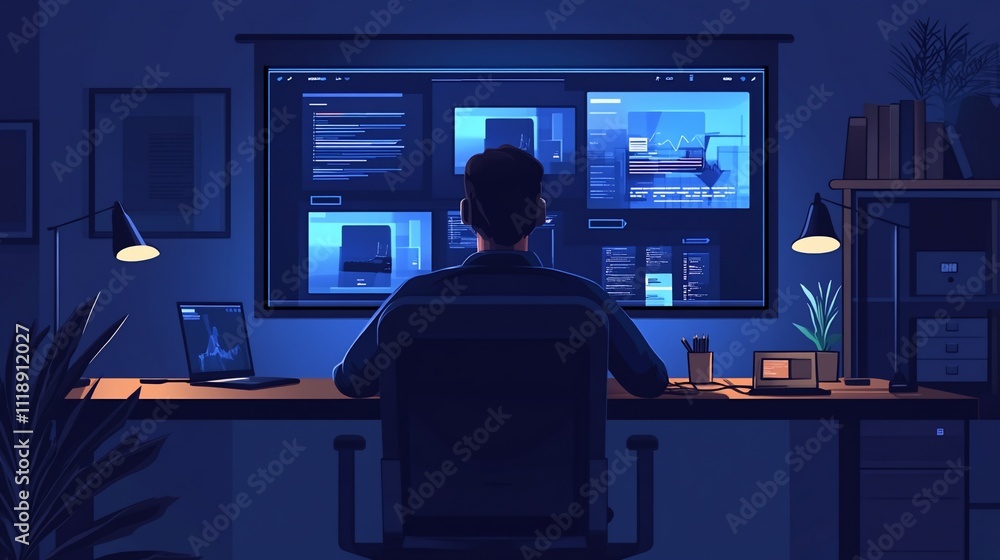 Wall mural focused programmer working late at night in a modern home office, surrounded by various open applica