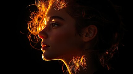 A silhouette of a person's head and shoulders against black, with light illuminating their facial features