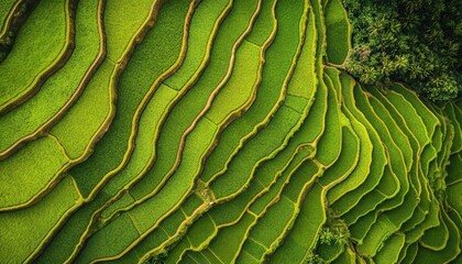 Fototapeta premium Aerial view of lush green terraced rice fields in a mountainous region.