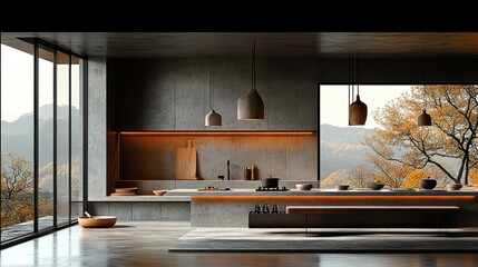 Modern minimalist kitchen with mountain views, concrete countertops, and wooden accents.