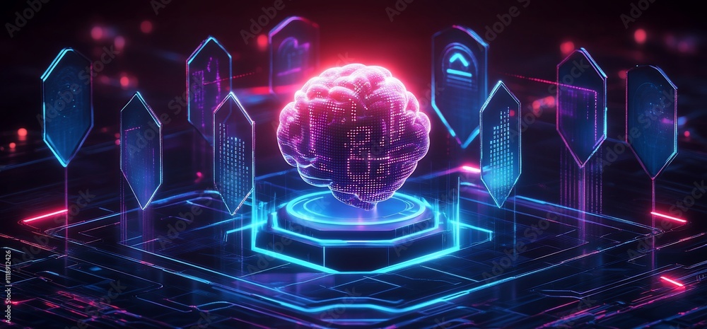Poster 3d render of a brain with digital interface.