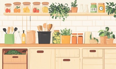 A cozy kitchen scene filled with fresh produce and cooking essentials.