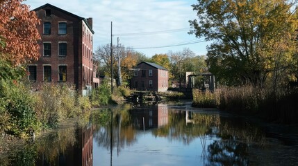 A serene autumn scene featuring buildings by a calm waterway.