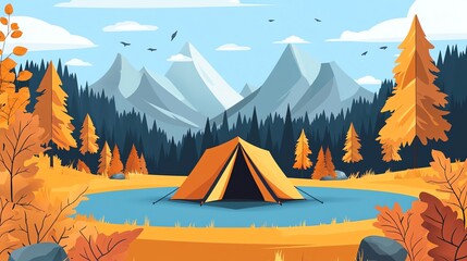 A camping tent sits by a lake in a mountain valley.