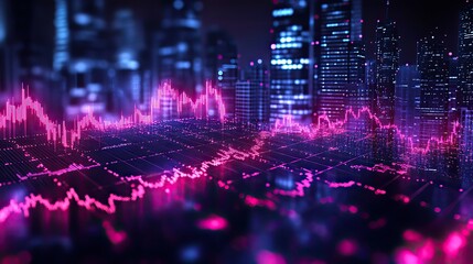 Fototapeta premium A stock market graph trending upward on a digital screen with buildings in the background, symbolizing financial success