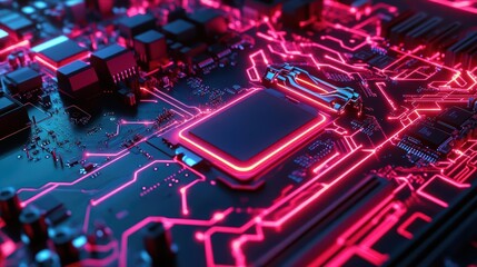 A close-up of a circuit board with glowing neon elements.