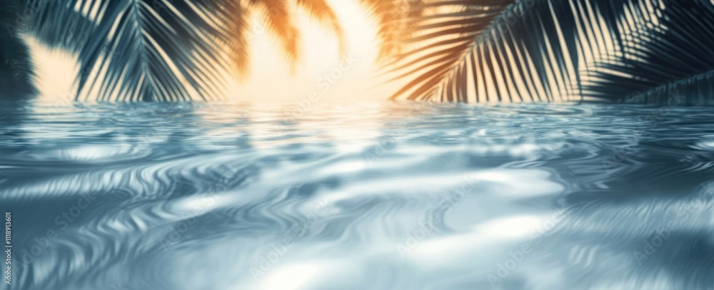 Aufkleber palm shadows on water surface with gentle ripples and sunlight reflections in tropical nature settin