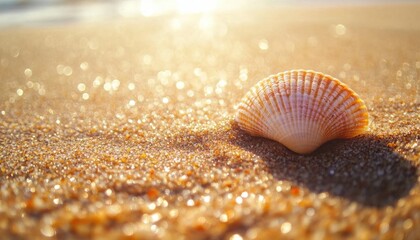 A close-up of a seashell resting on sandy beach with sunlight glimmering.