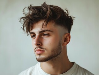 Naklejka premium Realistic portrait of a modern man with a trendy haircut, featuring a fade on the sides and longer, textured hair on top styled in a messy, natural look