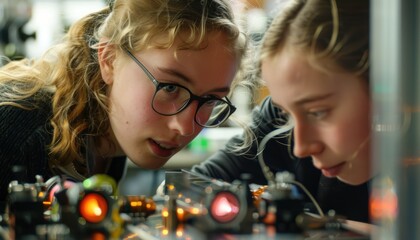 Two individuals focused on a scientific experiment involving lasers.