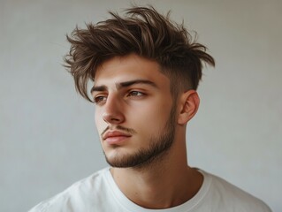 Obraz premium Realistic portrait of a modern man with a trendy haircut, featuring a fade on the sides and longer, textured hair on top styled in a messy, natural look