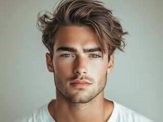 Fototapeta premium Realistic portrait of a modern man with a trendy haircut, featuring a fade on the sides and longer, textured hair on top styled in a messy, natural look