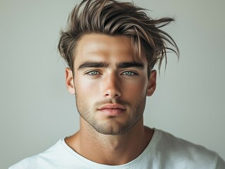 Obraz premium Realistic portrait of a modern man with a trendy haircut, featuring a fade on the sides and longer, textured hair on top styled in a messy, natural look